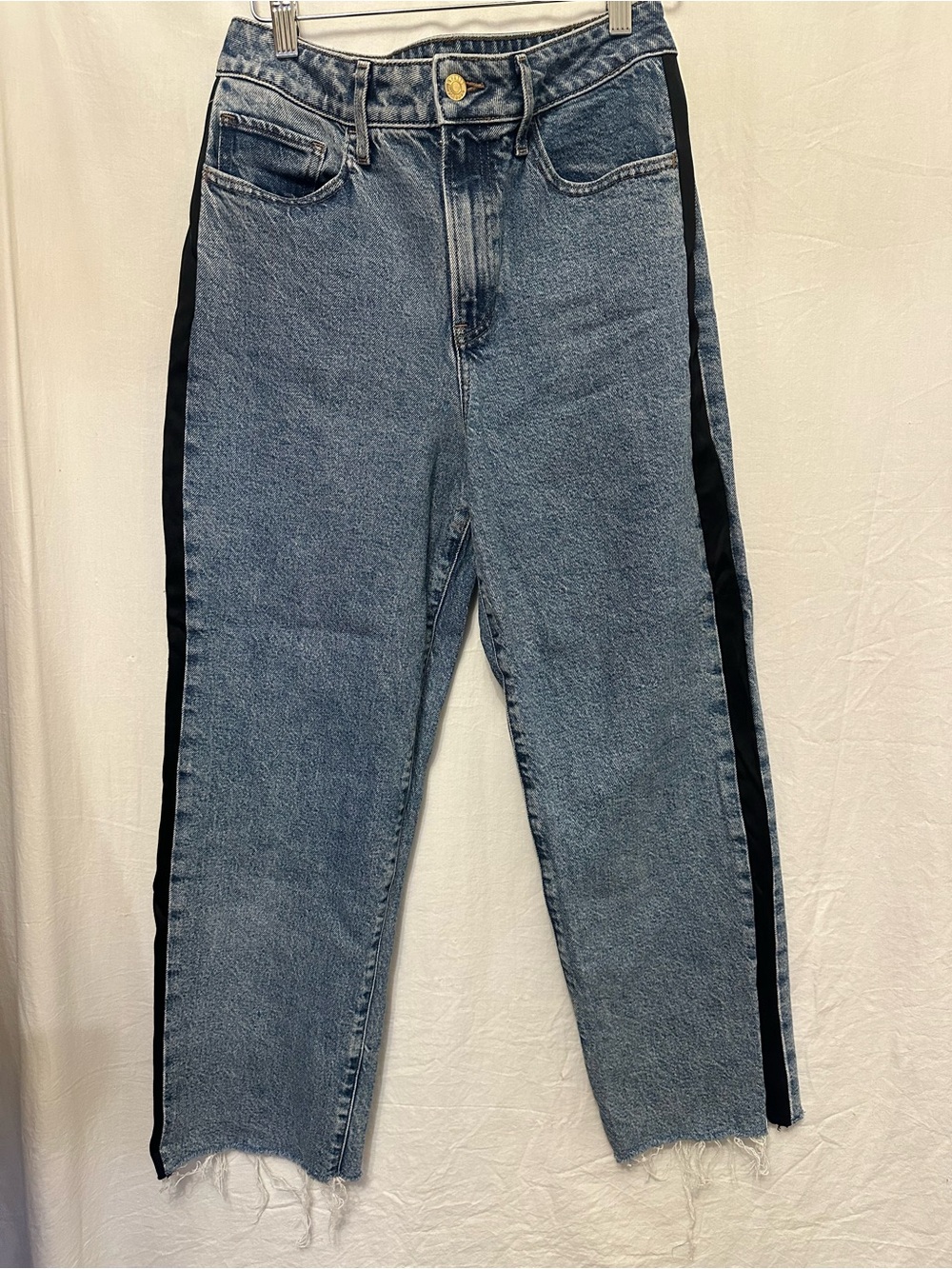 Express Relaxed Straight Ankle Jeans 4R Satin Tuxedo Stripe Raw Hem
